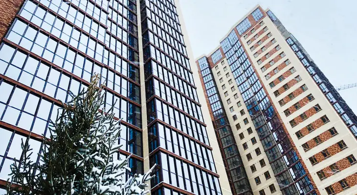 ЖК Расцветай на Гоголя ель в снегу на фоне дома